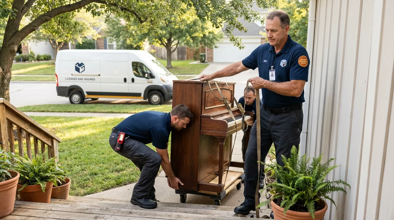 Licensed piano movers securing grand piano in Watertown, MA