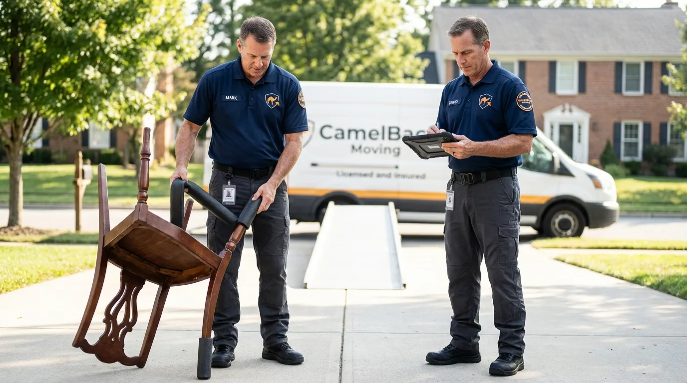 Movers inspecting furniture for damage prevention before loading in Watertown, MA