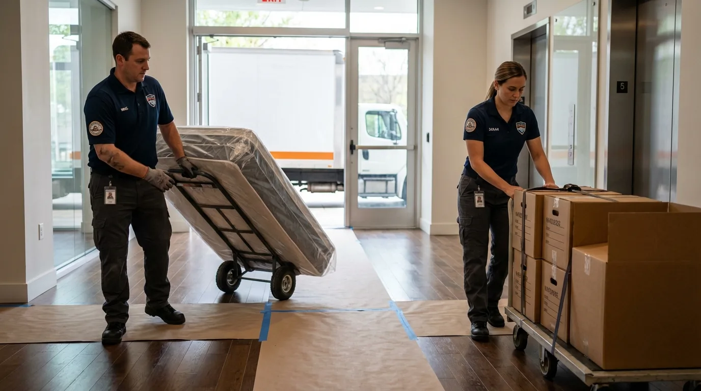 Professional apartment movers loading elevator in Watertown, MA
