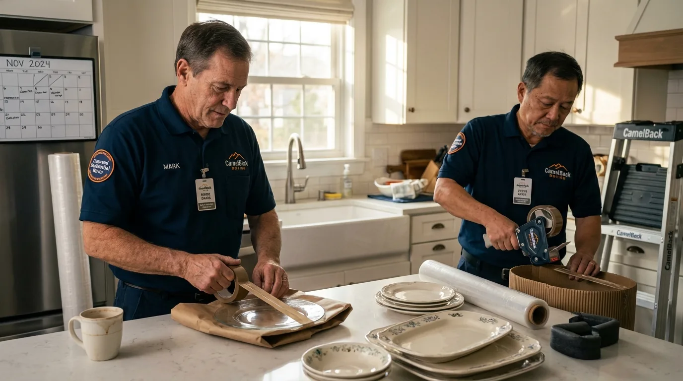 Professional crew packing kitchen dishware in Watertown, MA